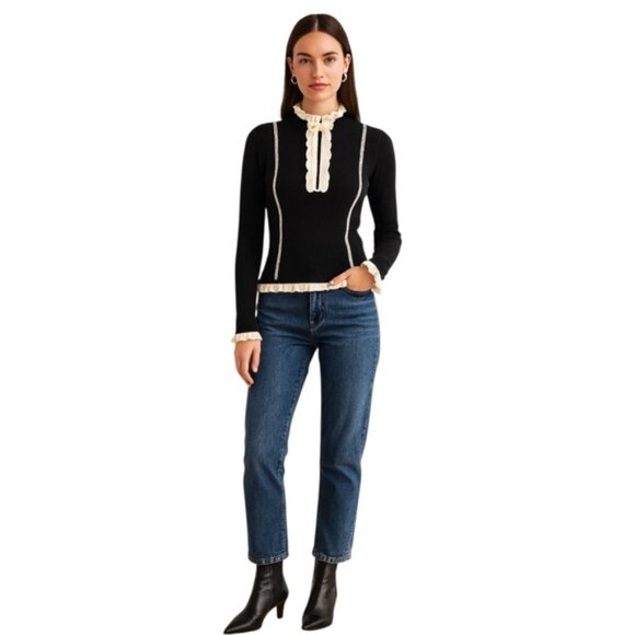 Cabi Elegant Black Knit Sweater with Contrasting White Ruffled Trim and Piping - Picture 1 of 16